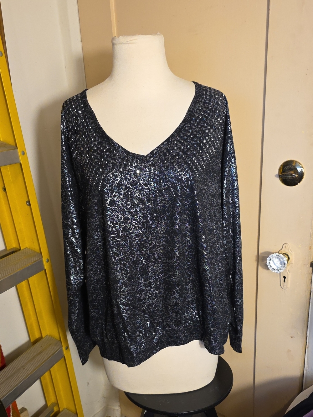 Women's Black Shimmer V-Neck Long Sleeve Top